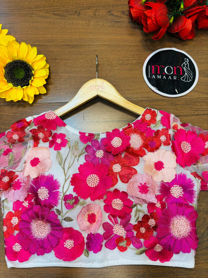 Divine Dahlia 3D Embroidery Net Blouse