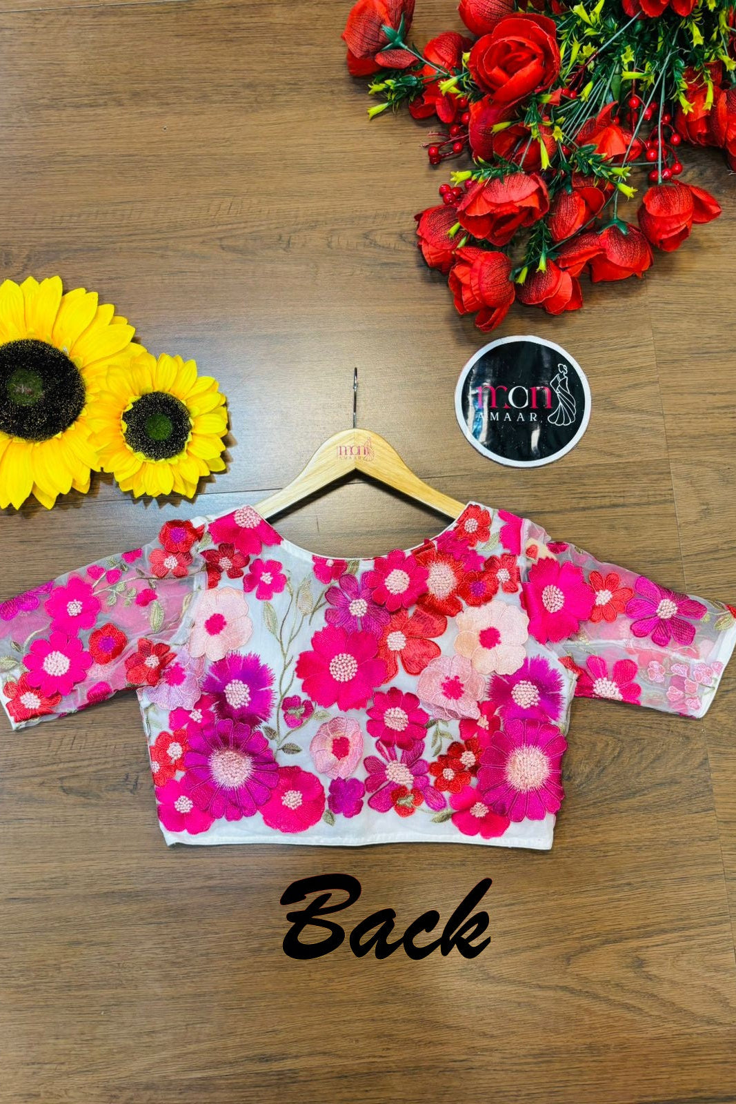 Divine Dahlia 3D Embroidery Net Blouse