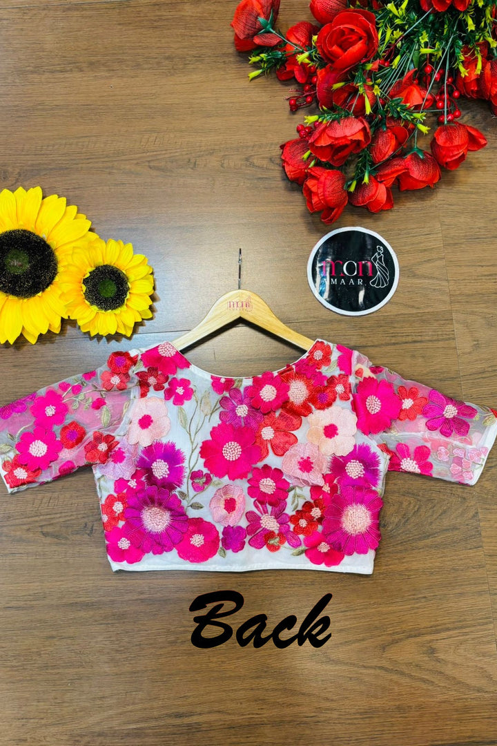 Divine Dahlia 3D Embroidery Net Blouse