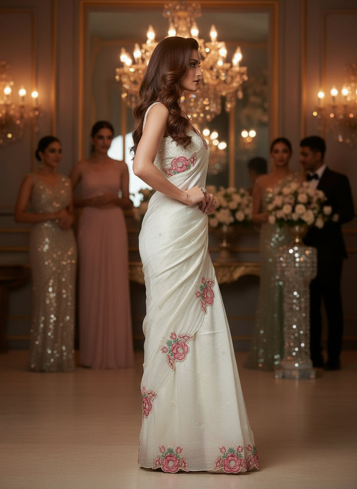 Rose White Crush Silk Saree