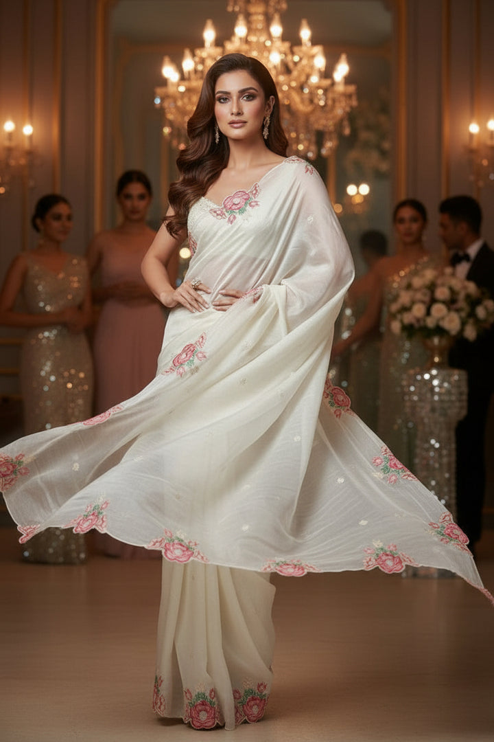 Rose White Crush Silk Saree