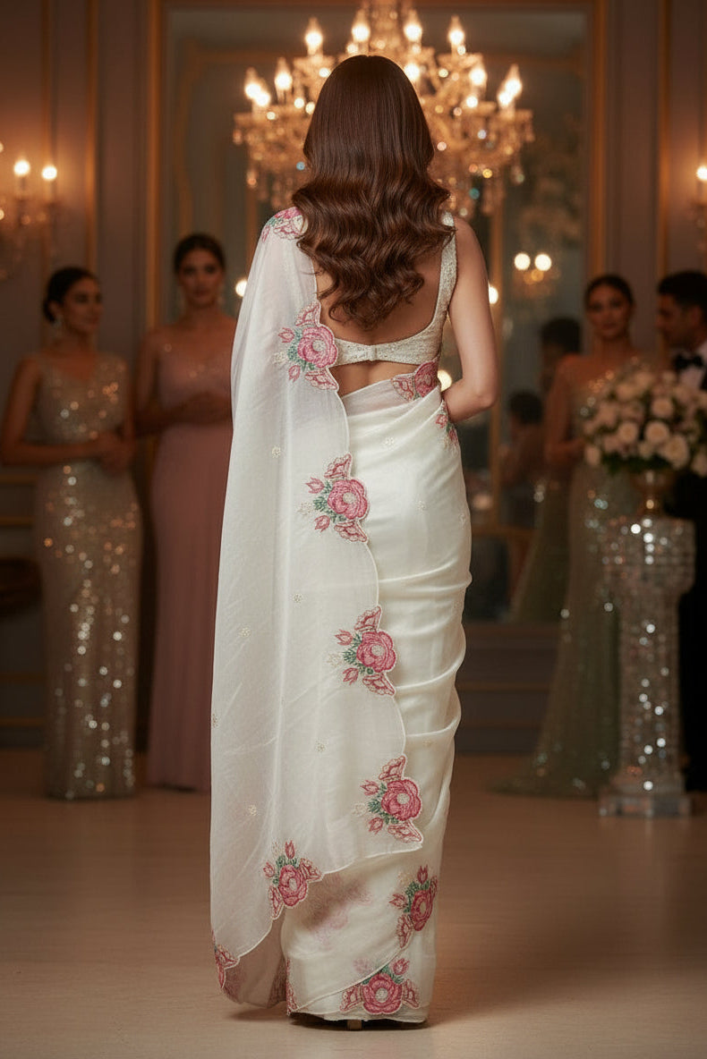 Rose White Crush Silk Saree