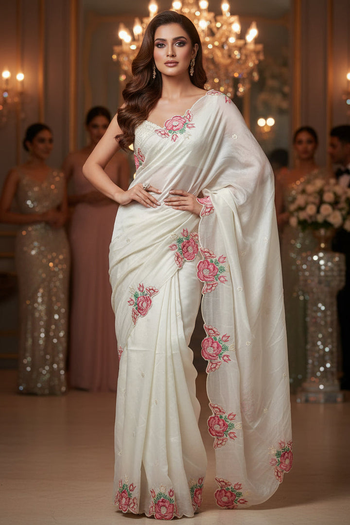 Rose White Crush Silk Saree