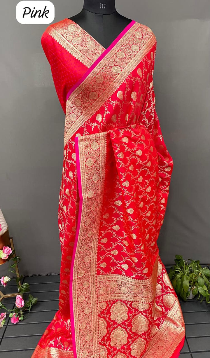 In Pink Banarasi Mushru Satin Silk Saree