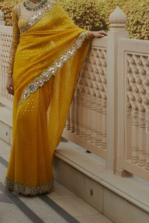 Color Of Beauty Yellow Georgette Saree