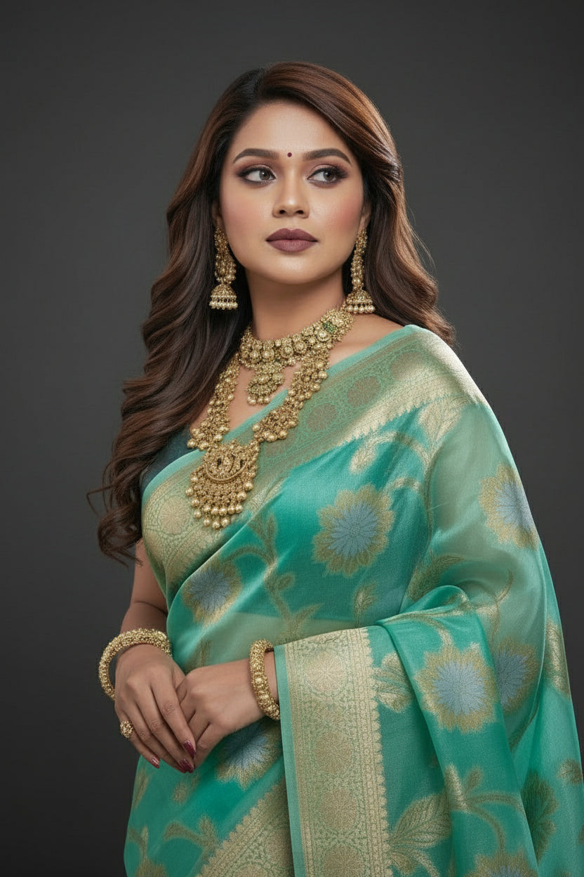 Ocean Heart Organza Silk Saree