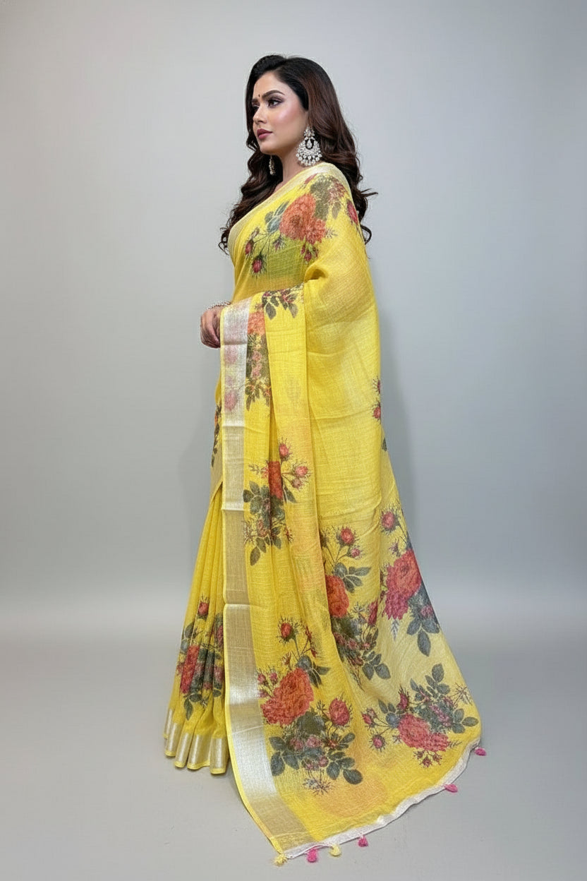 Perfect Smile Pure Hand Woven Digital Printed  Linen Saree