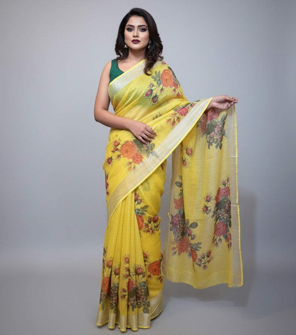 Perfect Smile Pure Hand Woven Digital Printed  Linen Saree