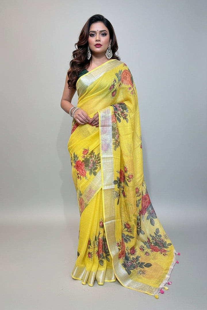 Perfect Smile Pure Hand Woven Digital Printed  Linen Saree