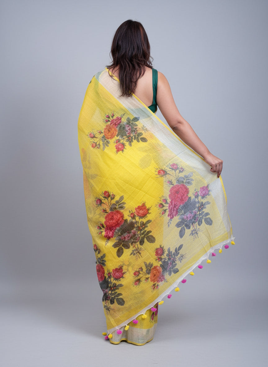 Perfect Smile Pure Hand Woven Digital Printed  Linen Saree