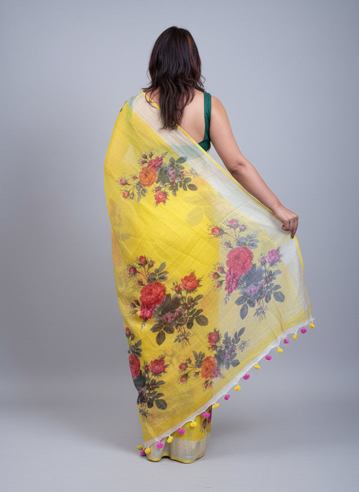 Perfect Smile Pure Hand Woven Digital Printed  Linen Saree