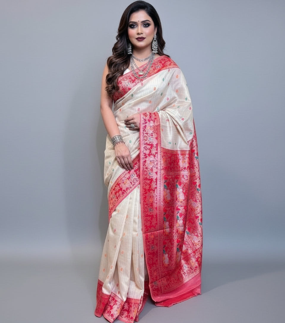 Ornamental Baluchari- Muga Tussar Silk Saree