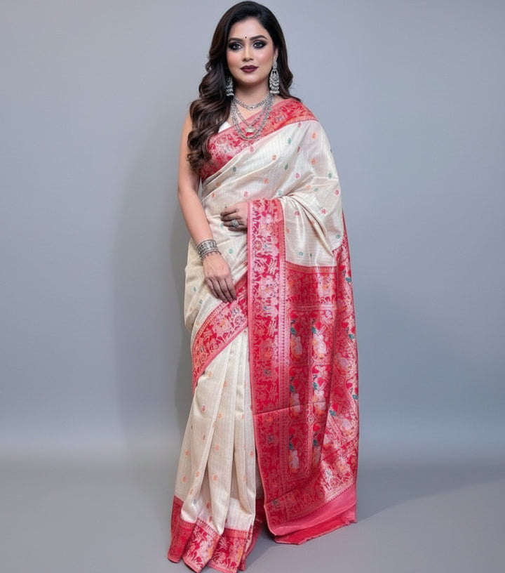 Ornamental Baluchari- Muga Tussar Silk Saree