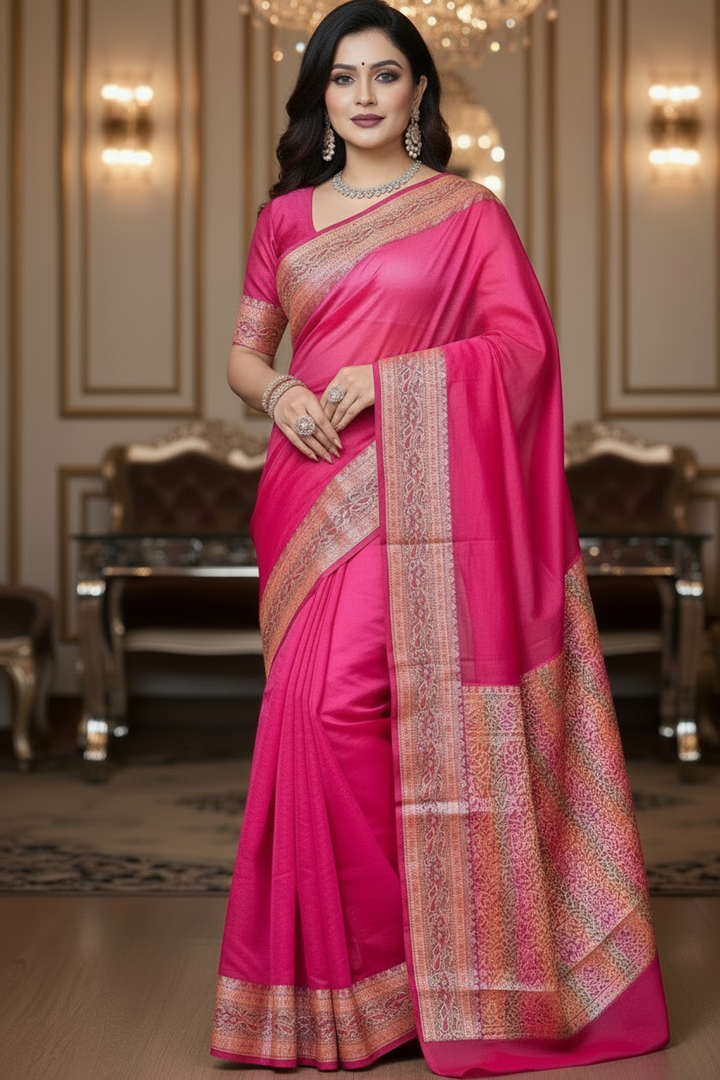 Chasing Victory Banarasi Semi Georgette Pink Silk Saree