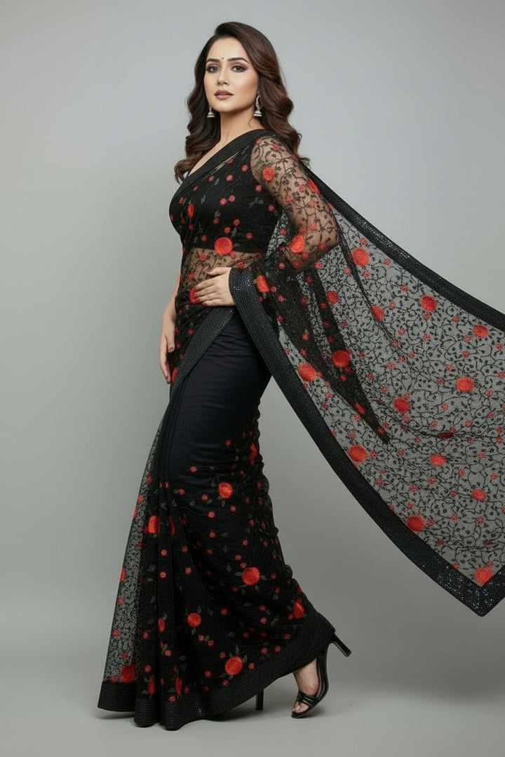 Red Rose- Embroidery Sequins Net Saree