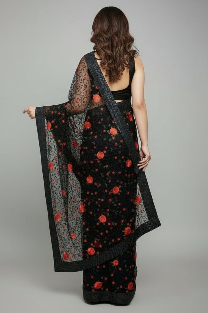 Red Rose- Embroidery Sequins Net Saree