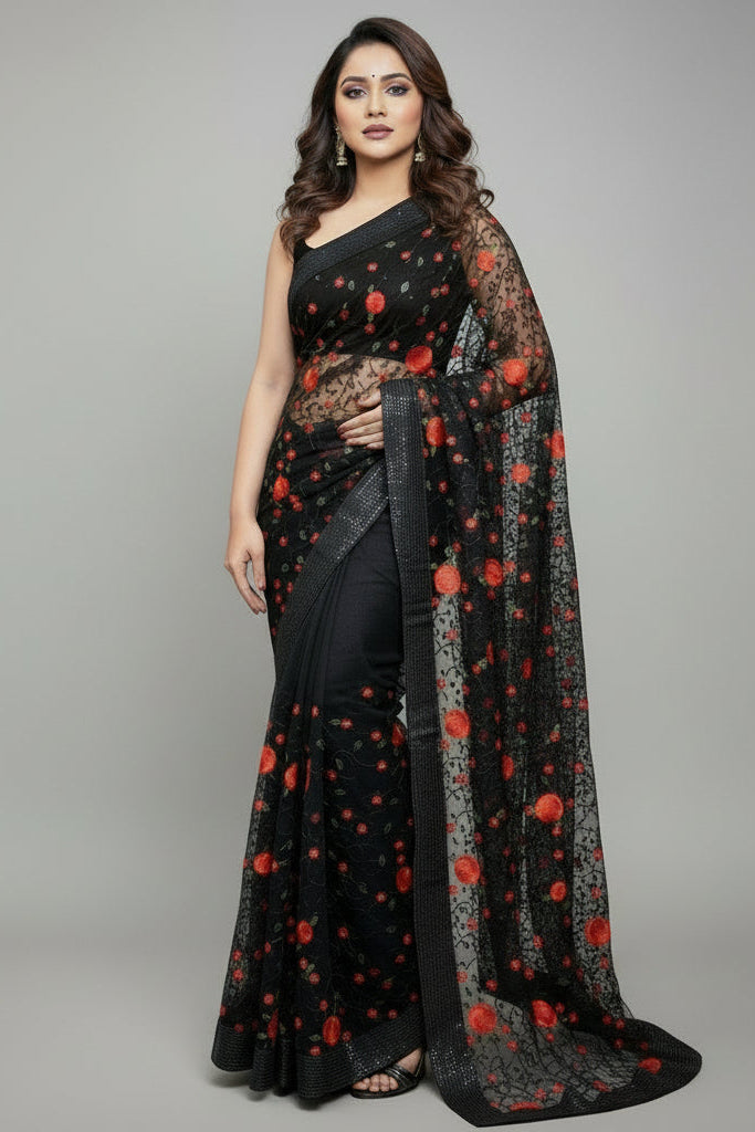 Red Rose- Embroidery Sequins Net Saree