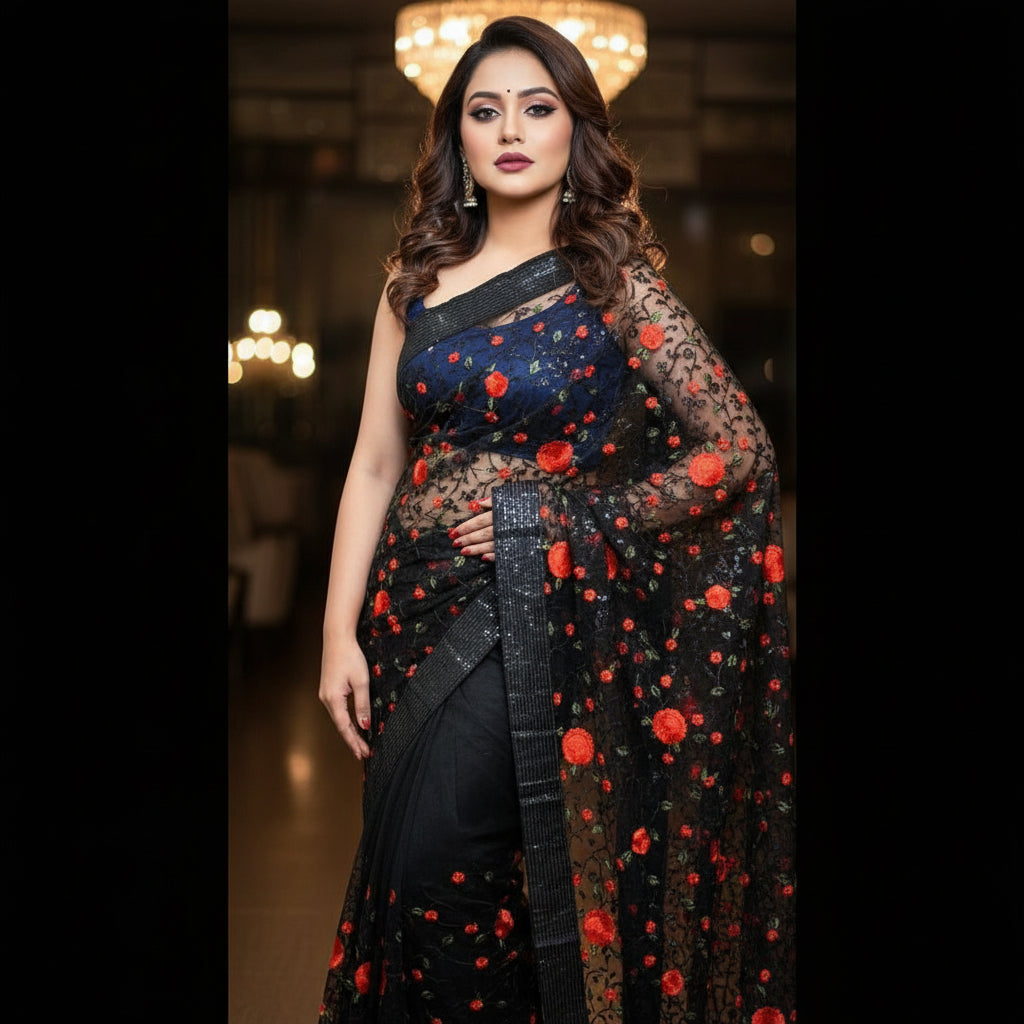 Red Rose- Embroidery Sequins Net Saree
