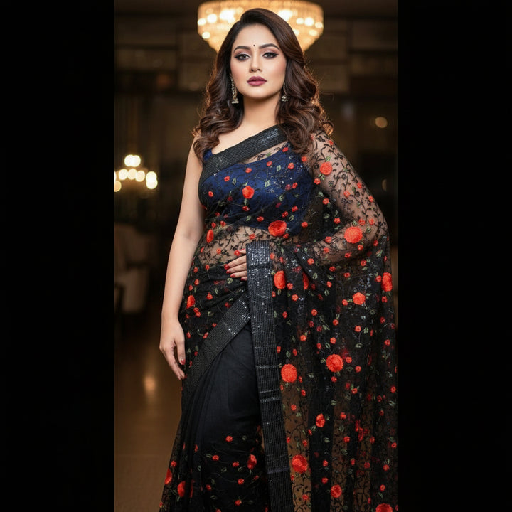 Red Rose- Embroidery Sequins Net Saree