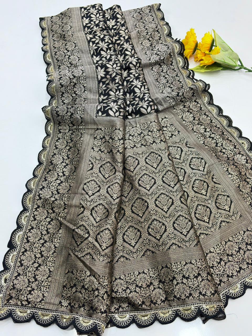 Black Bunch Crepe Khaddi Silk Saree