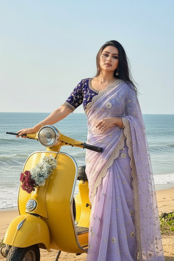 Shaam Rang Designer Partywear Sequins Satin Silk Saree