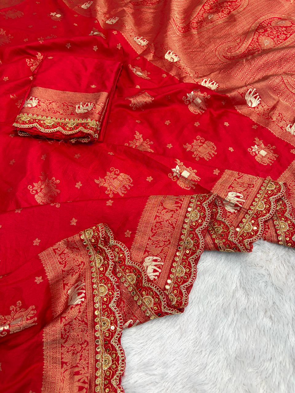 Flower and leaf Cotton dola silk Saree