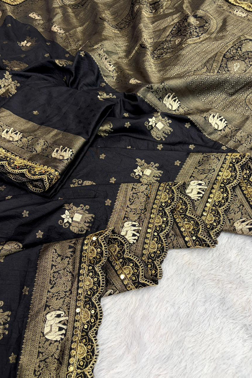 Flower and leaf Cotton dola silk Saree