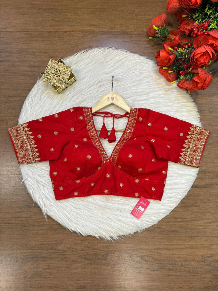 Sweet Embrace Red color Designer Blouse(V-Neck)