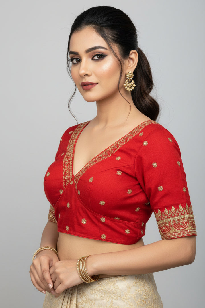 Sweet Embrace Red color Designer Blouse(V-Neck)