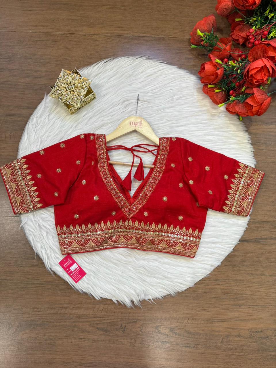 Sweet Embrace Red color Designer Blouse(V-Neck)