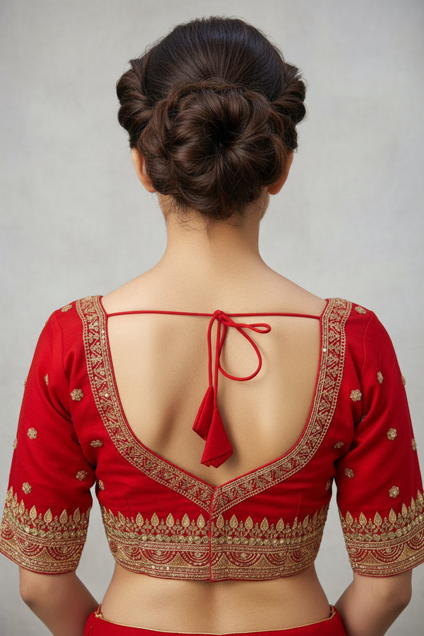 Sweet Embrace Red color Designer Blouse(V-Neck)