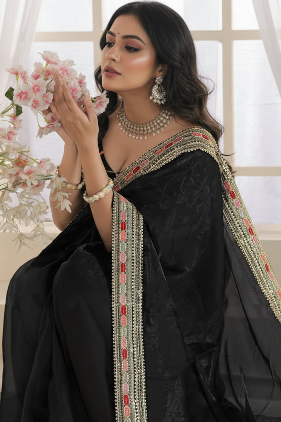 Black Secret Partywear Embroidery Saree