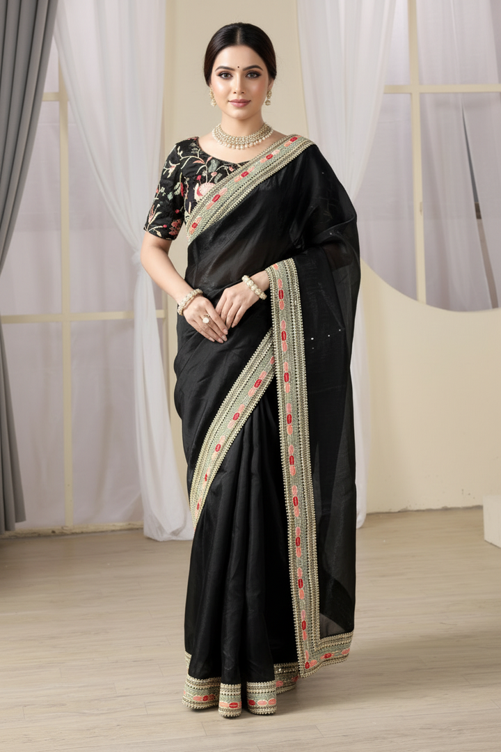 Black Secret Partywear Embroidery Saree