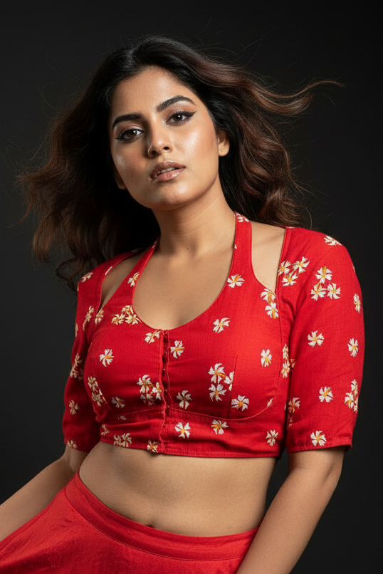 Red Shiuli Masaba Style Vichitra Silk Blouse