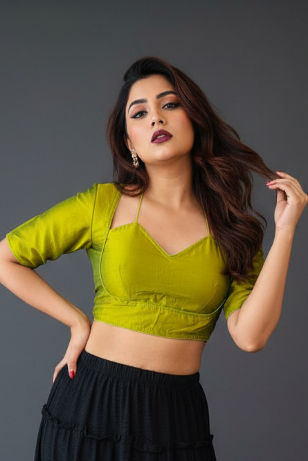 Green Masaba Style Vichitra Silk Blouse