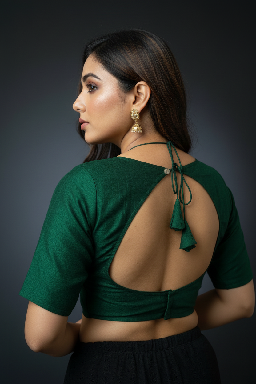 Green Masaba Style Vichitra Silk Blouse