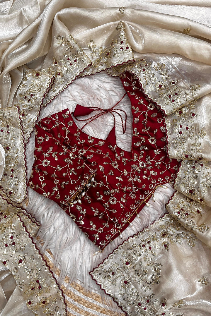 Crimson Glow  Designer Embroidery Silk Saree