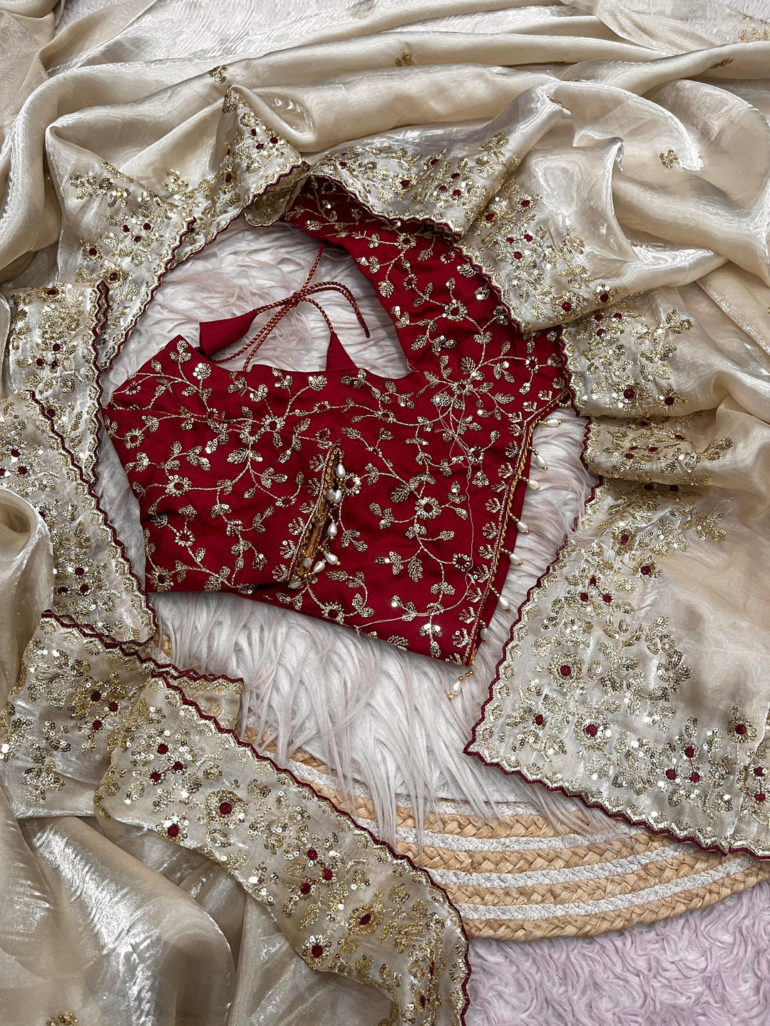 Crimson Glow  Designer Embroidery Silk Saree