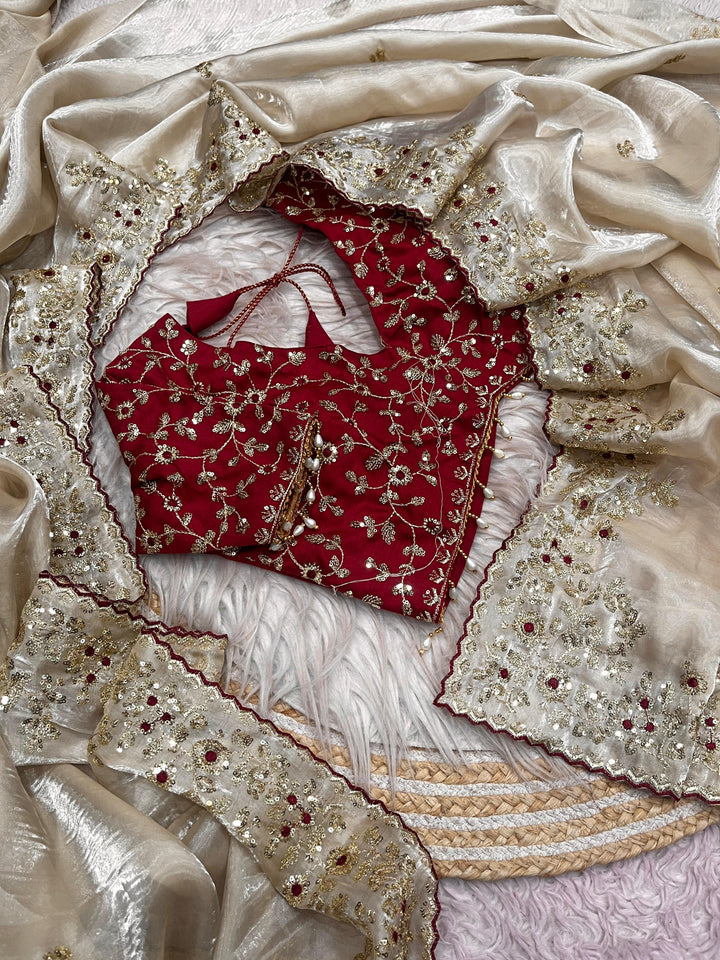 Crimson Glow  Designer Embroidery Silk Saree