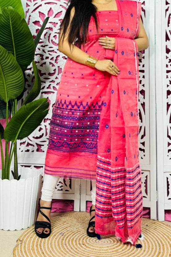 Nibir Chhaya Cotton Jamdani Unstitched Dress Material (Kurti Piece and Dupatta)