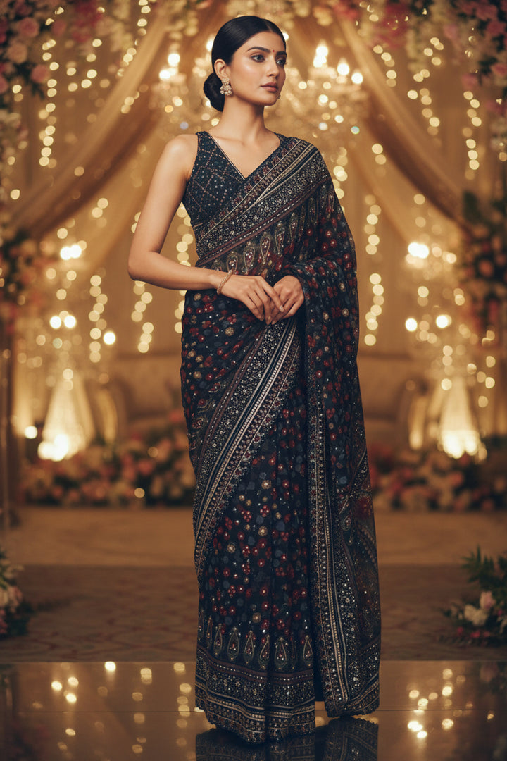 Blue Heirloom Georgette Silk Saree