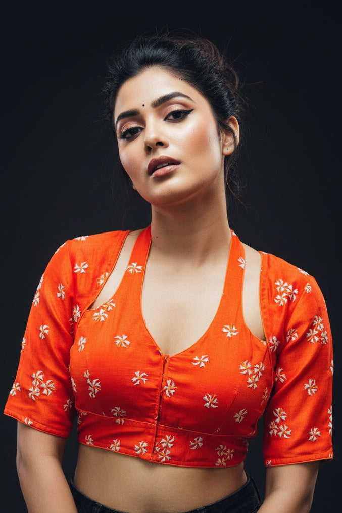 Orange Shiuli Masaba Style Vichitra Silk Blouse