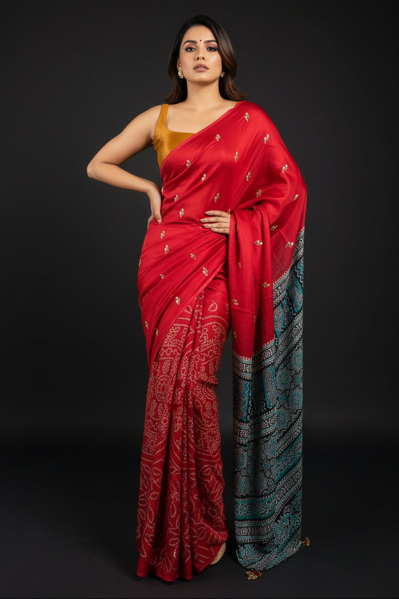 Emerald Glow Satin Dola Silk Saree