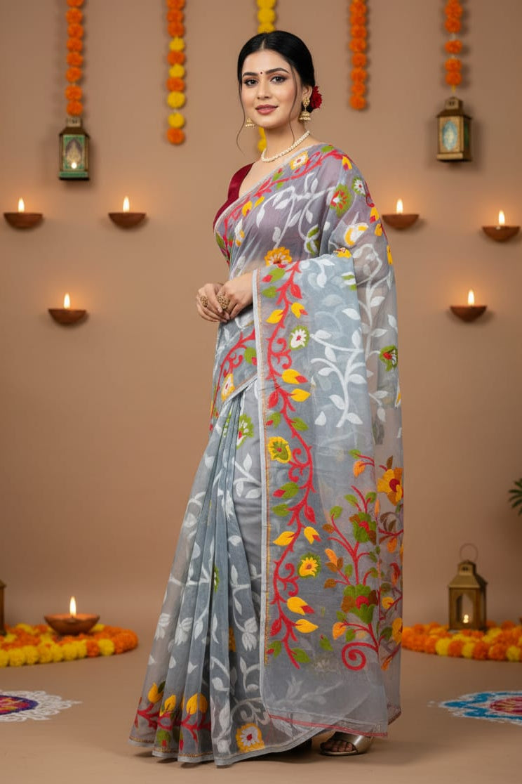 Neel Megh Dhakai Jamdani Saree
