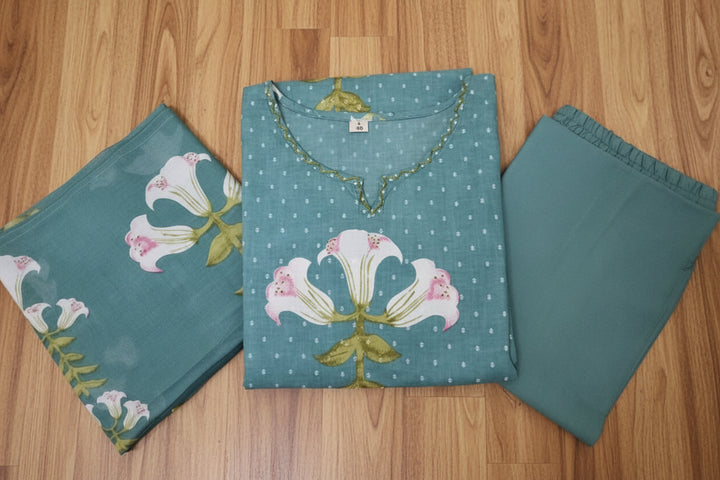Sky Love Cotton Kurti Set (Sky blue)