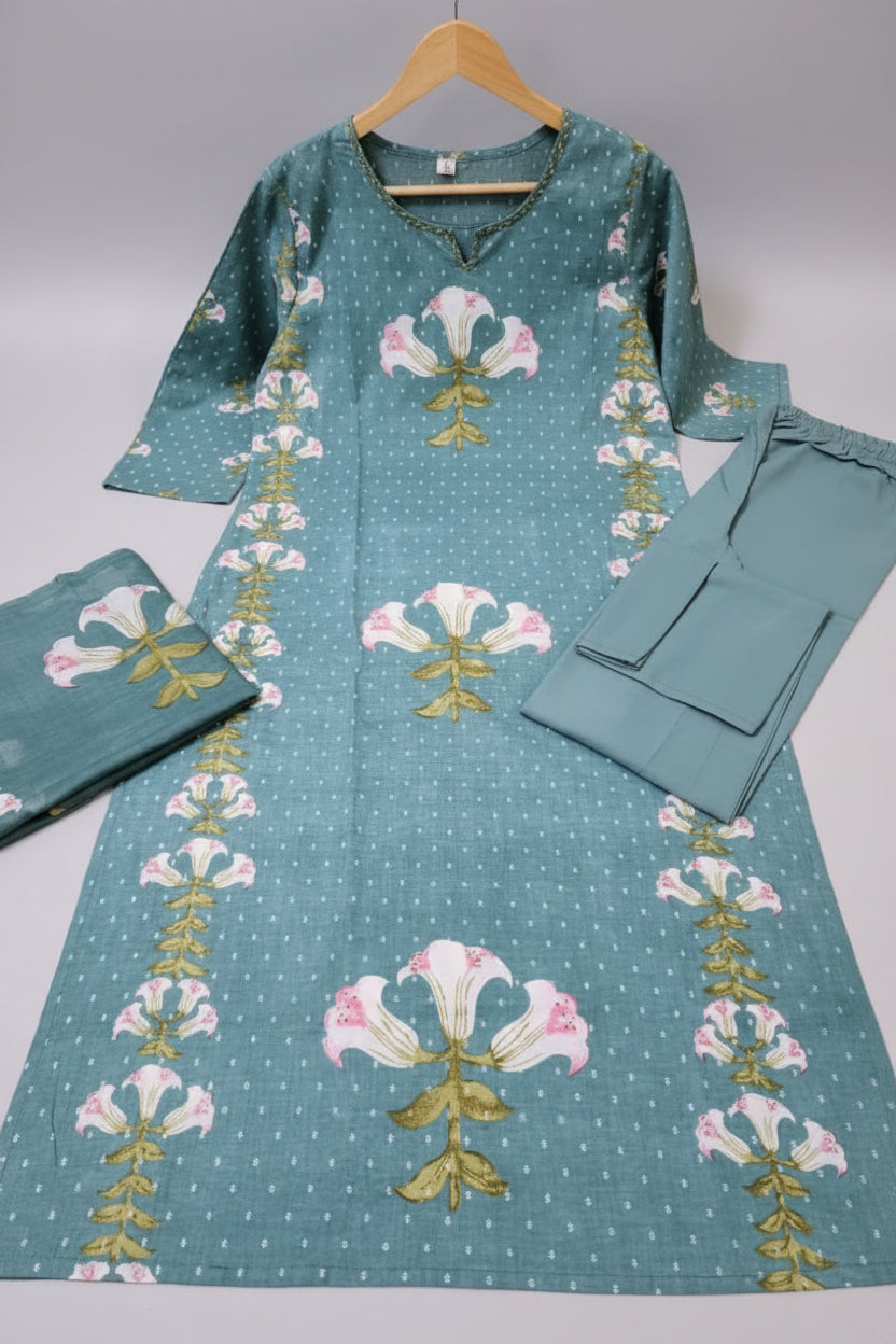Sky Love Cotton Kurti Set (Sky blue)
