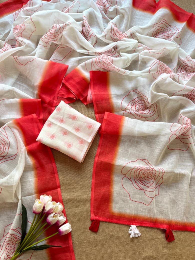Rosy Bloom Linen Saree