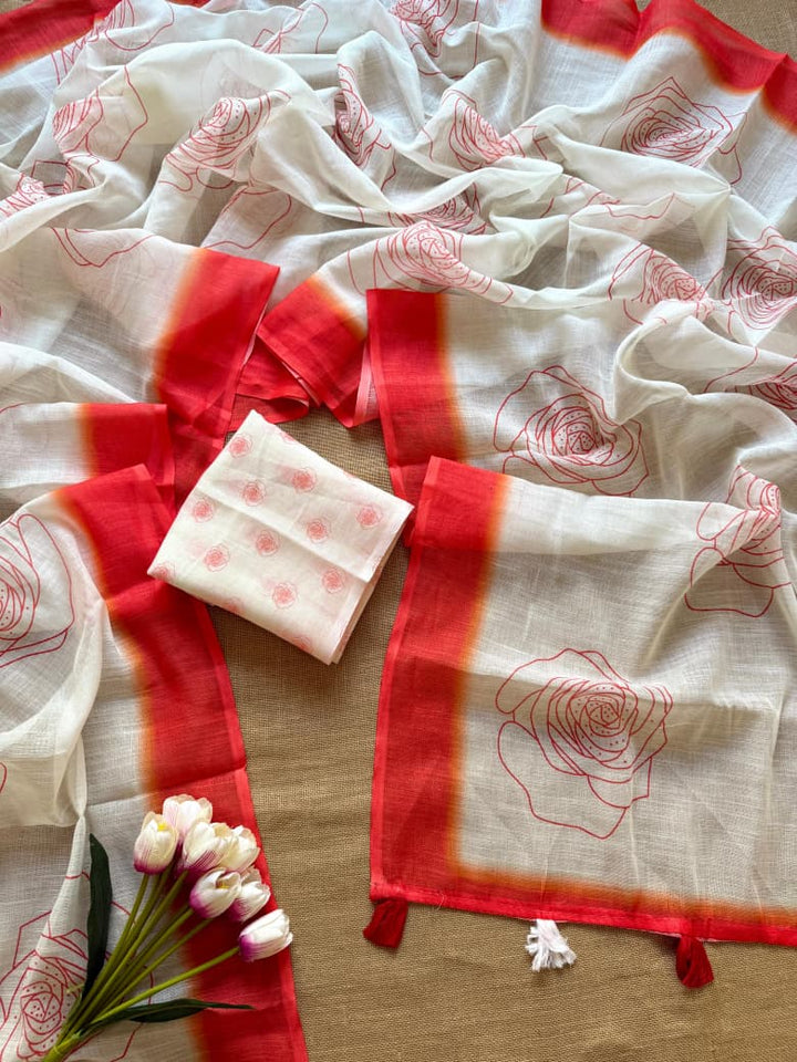 Rosy Bloom Linen Saree