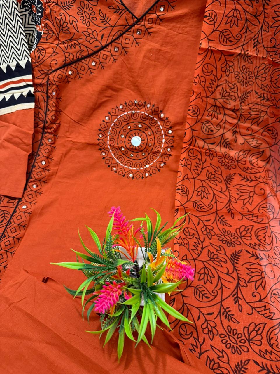Anvee Cotton Kurti Set(Orange)