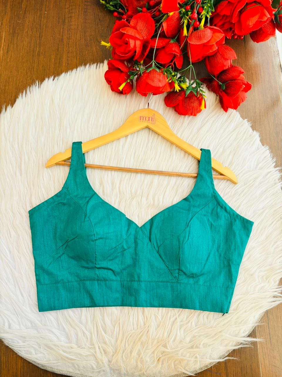 The Teal Overlap Designer Silk Blouse
